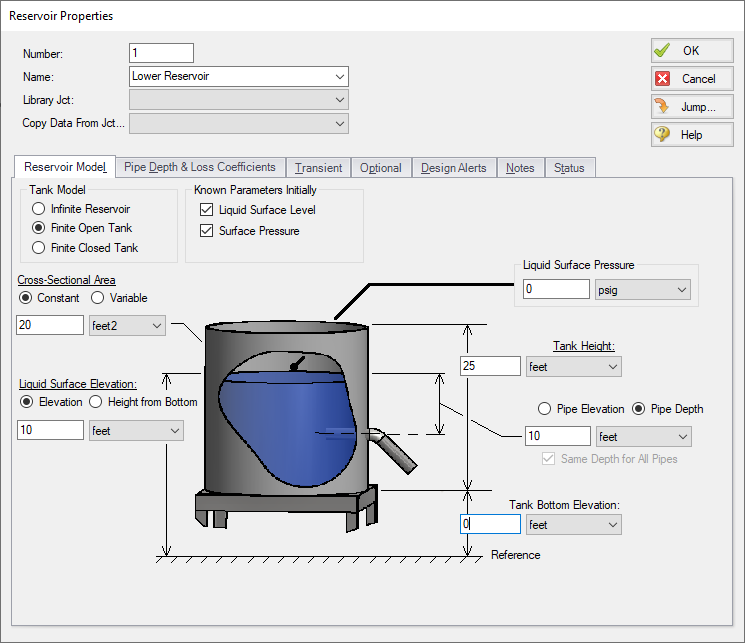 The Reservoir Properties window with Finite Open Tank chosen as the Tank Model.